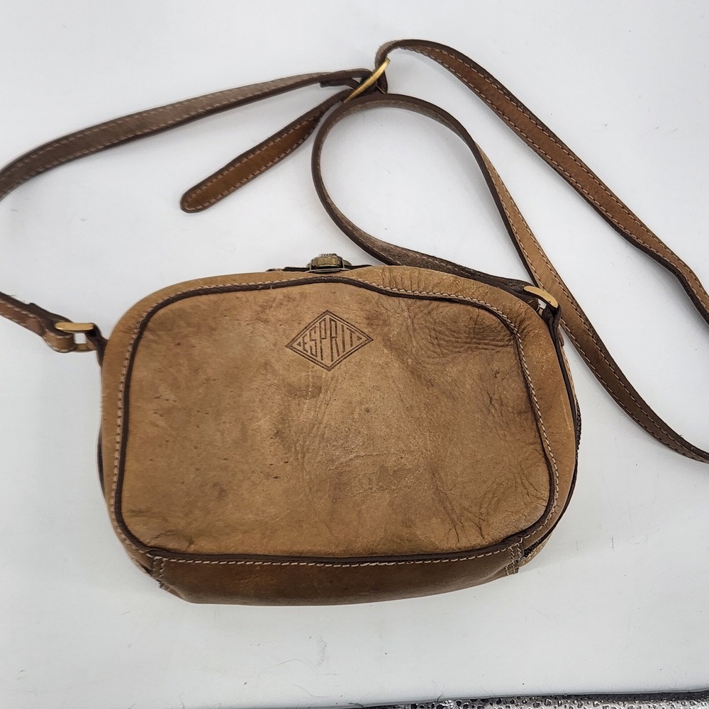 Vintage Esprit Crossbody Bag Tan Genuine Leather Mini Purse Y2K Boho Zip